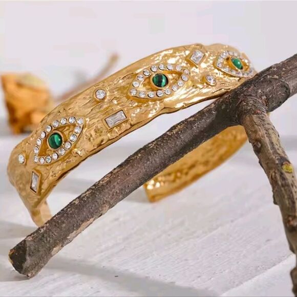 New ANTHRO Malachite 18k Gold Ss Evil Eye Protection Bangle Bracelet - Picture 6 of 12